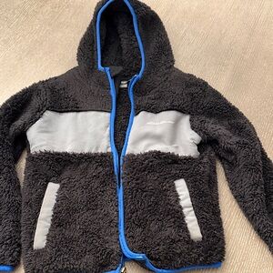 Eddie Bauer Black Fleece Coat with Gray Panels and Blue Trim